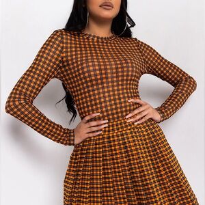🟡5/$25 DEAL! AKIRA Orange and Black Plaid Long Sleeve Mesh Bodysuit